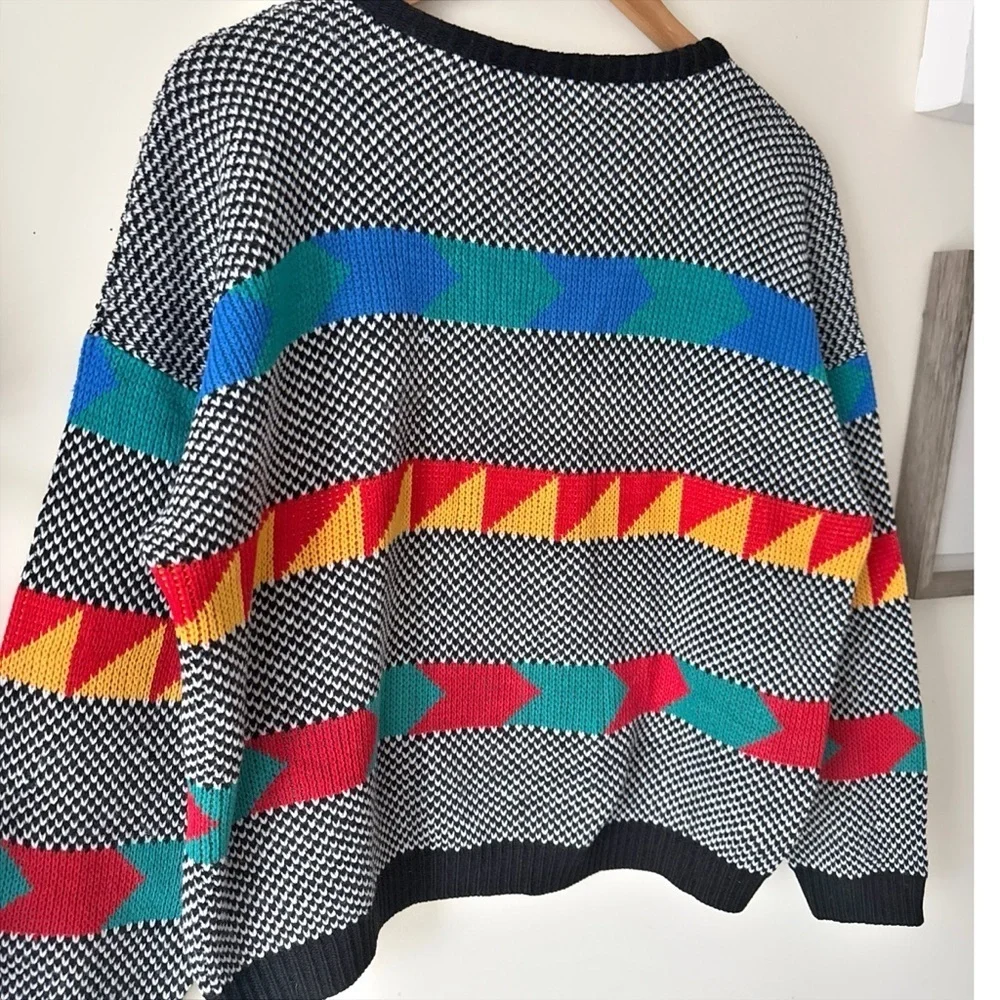 Vintage 80s 90s Southwestern Geometric Graphic Knit Sweater Adele Made USA Sz XL